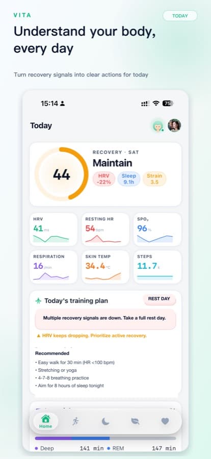 Vita today screen — recovery, KPIs, training, sleep